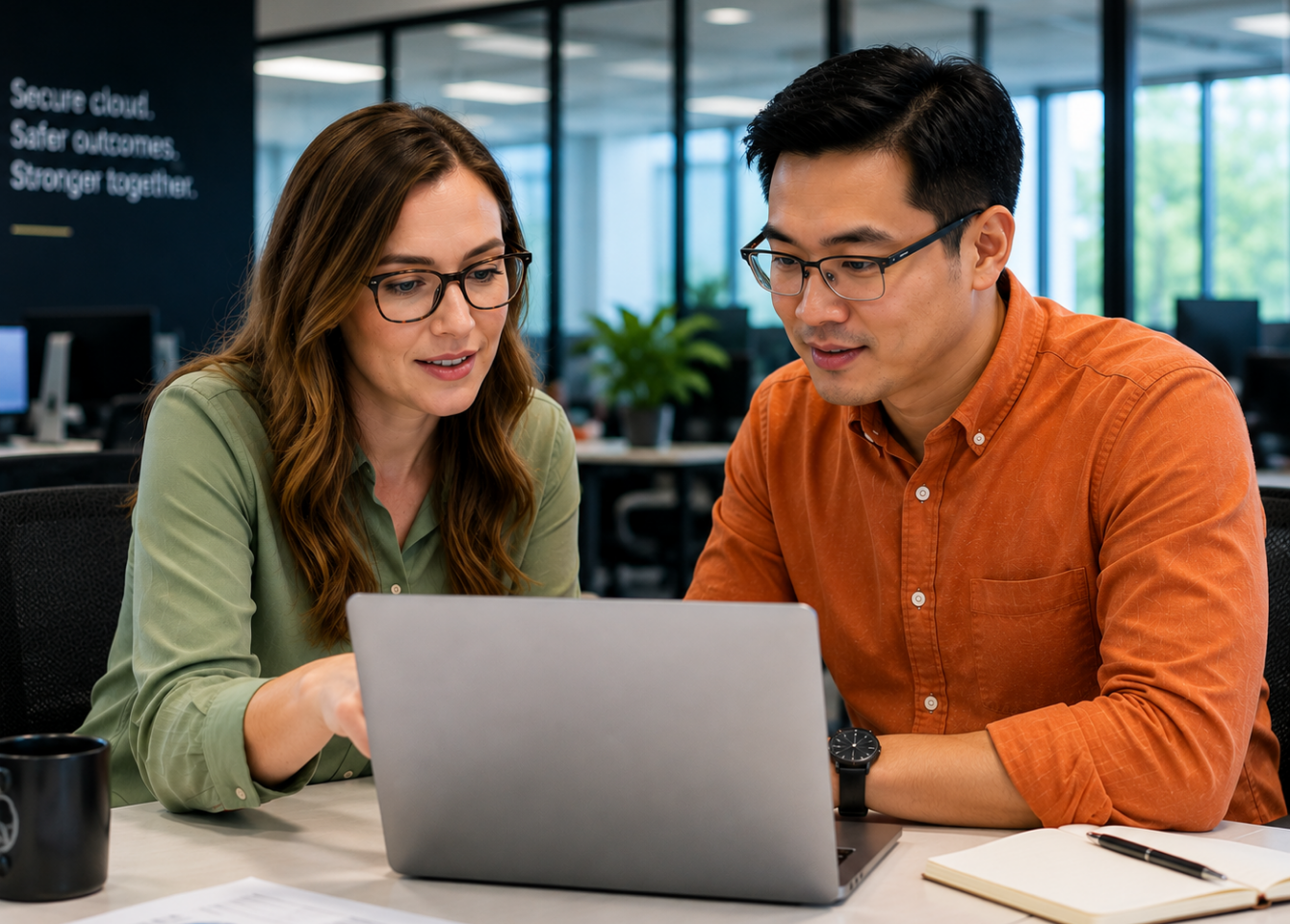 Two colleagues collaborating on a laptop in a modern office, reviewing information together.