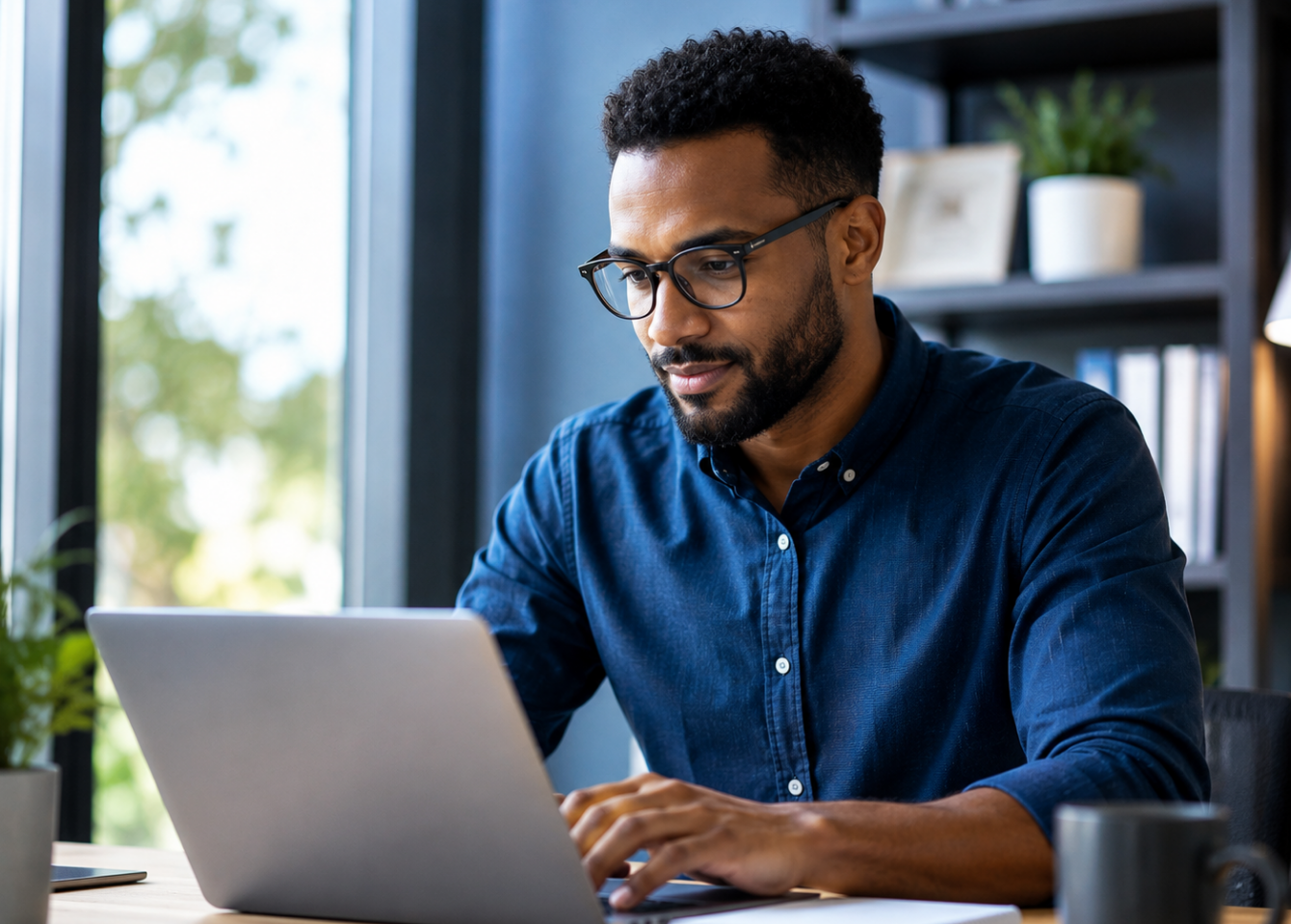 Professional working on a laptop in a bright, modern office.